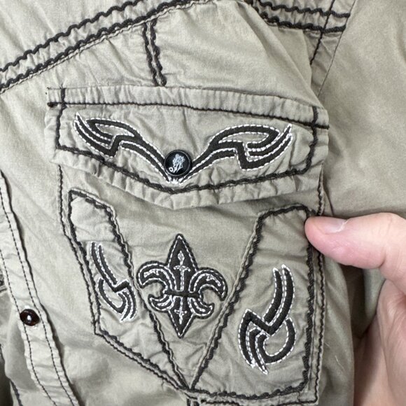 Roar Men L Embroidered Short Sleeve Short Green Gray Fleur De Lis - Picture 2 of 6